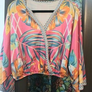Vibrant Tropical Pink Floral V-Neck Blouse